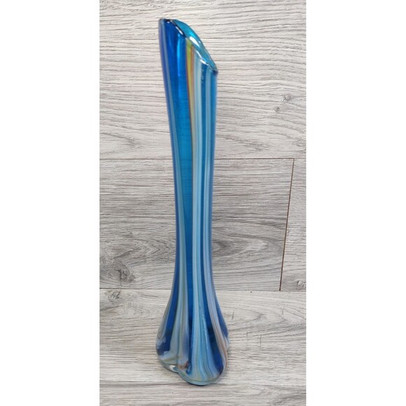 Vintage 10.5” Hand Made & Blown Blue Swirl Swung Stretch Glass Bud Vase Japan - Picture 4 of 10
